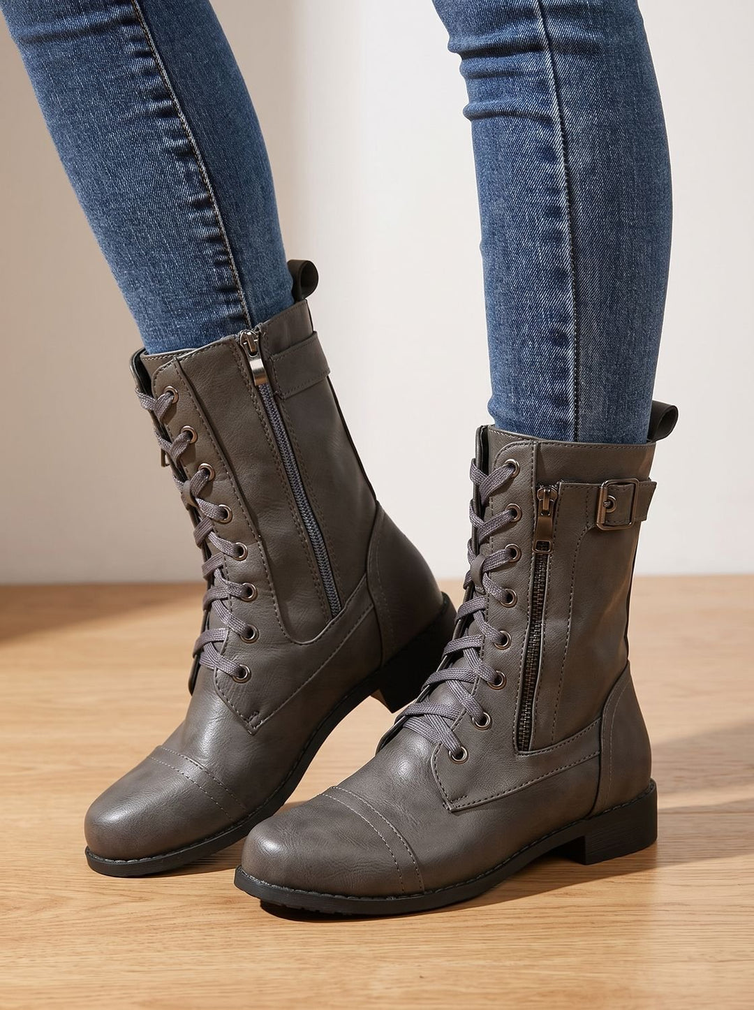 Women's Lace-Up Combat Boots Buckle Side-Zip Round-Toe