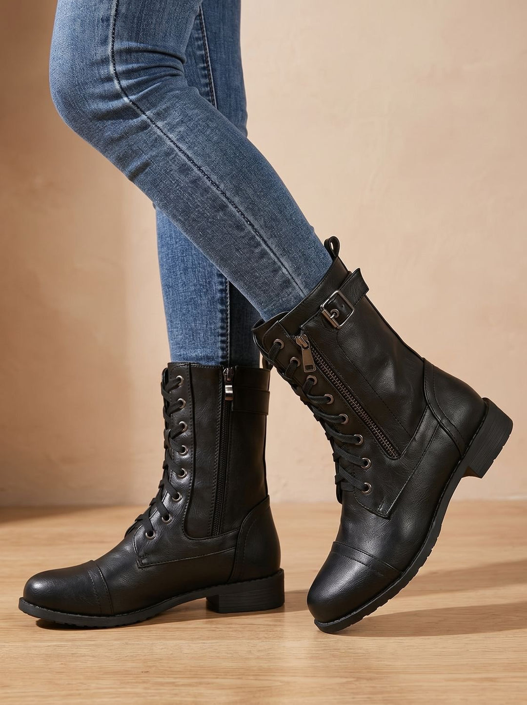 Women's Lace-Up Combat Boots Buckle Side-Zip Round-Toe