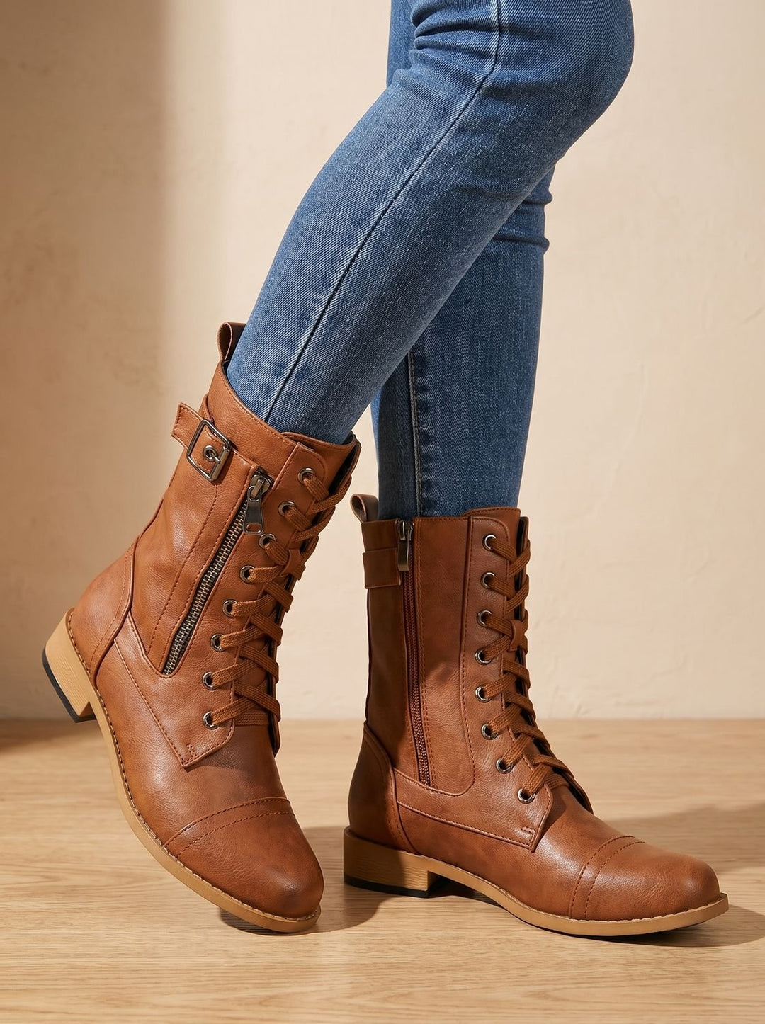 Women's Lace-Up Combat Boots Buckle Side-Zip Round-Toe