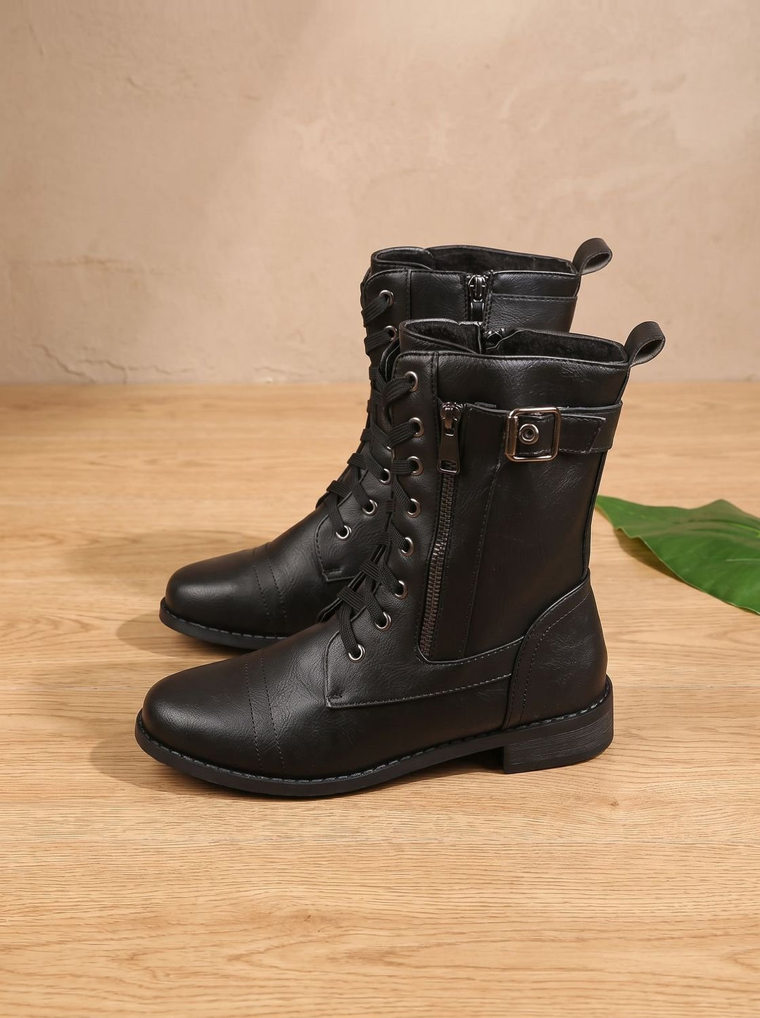 Women's Lace-Up Combat Boots Buckle Side-Zip Round-Toe