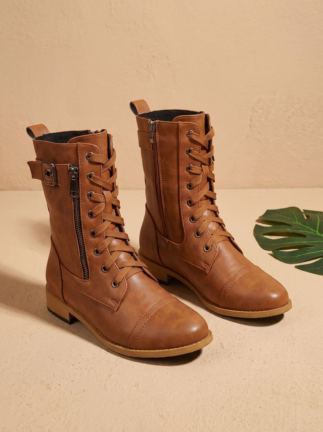 Women's Lace-Up Combat Boots Buckle Side-Zip Round-Toe