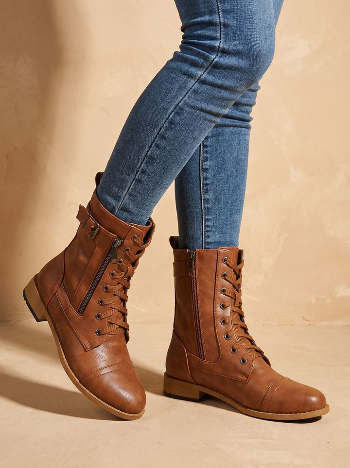 Women's Lace-Up Combat Boots Buckle Side-Zip Round-Toe