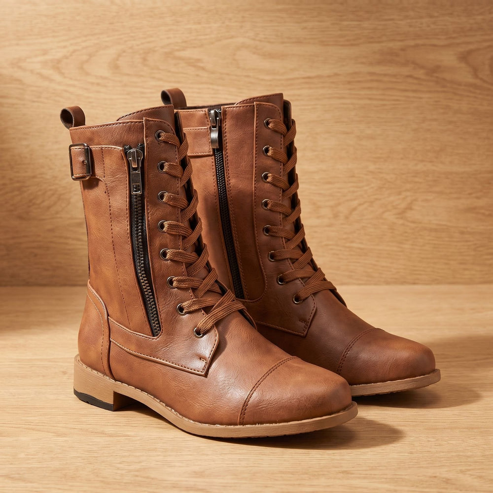 Women's Lace-Up Combat Boots Buckle Side-Zip Round-Toe, Brown