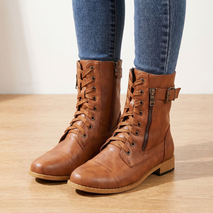 Women's Lace-Up Combat Boots Buckle Side-Zip Round-Toe, Brown
