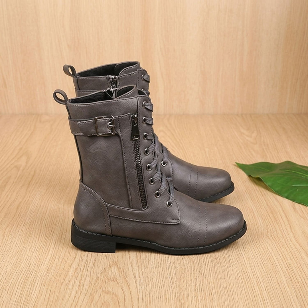 Women's Lace-Up Combat Boots Buckle Side-Zip Round-Toe, Brown