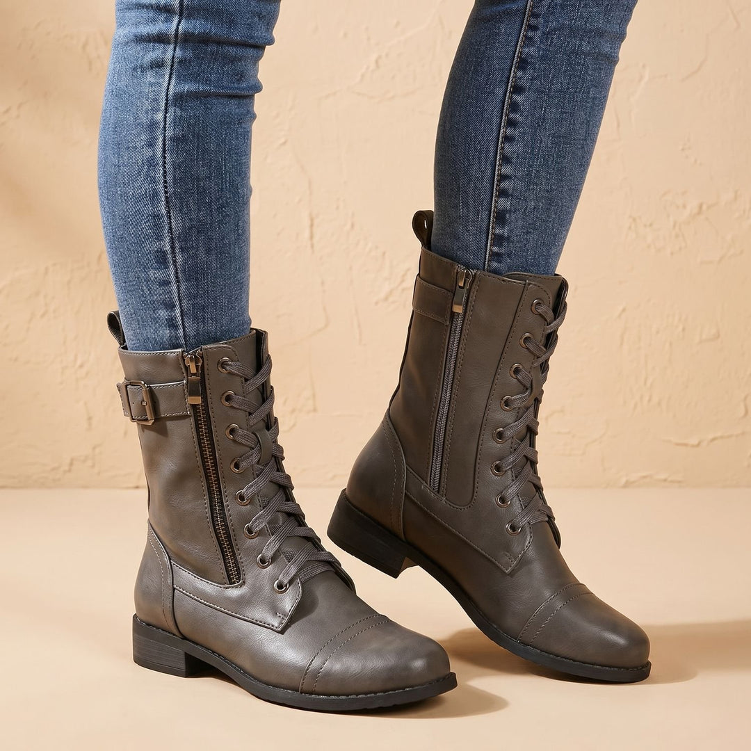 Women's Lace-Up Combat Boots Buckle Side-Zip Round-Toe, Brown