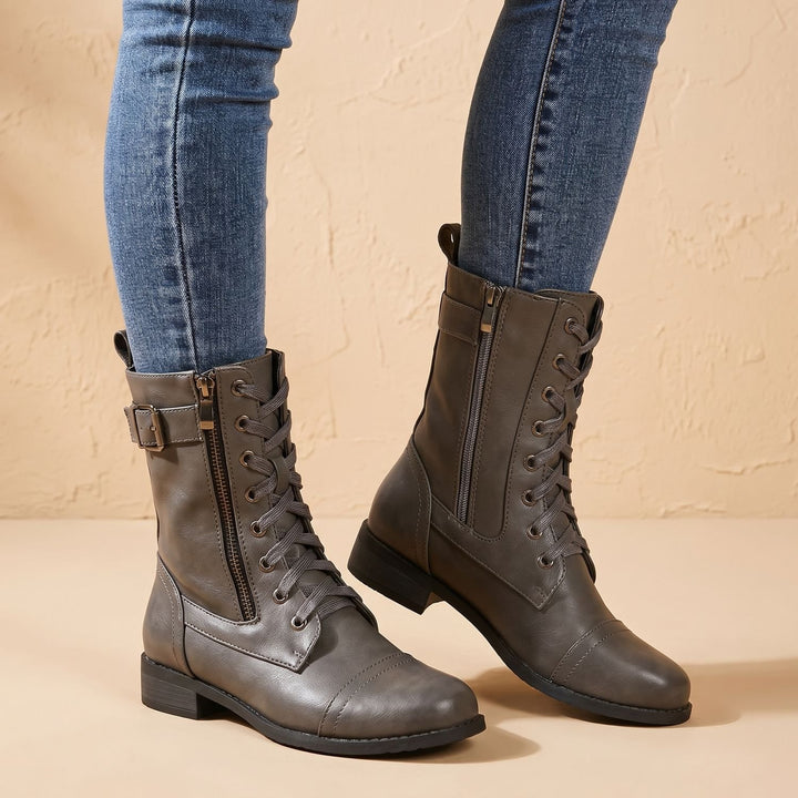 Women's Lace-Up Combat Boots Buckle Side-Zip Round-Toe, Brown