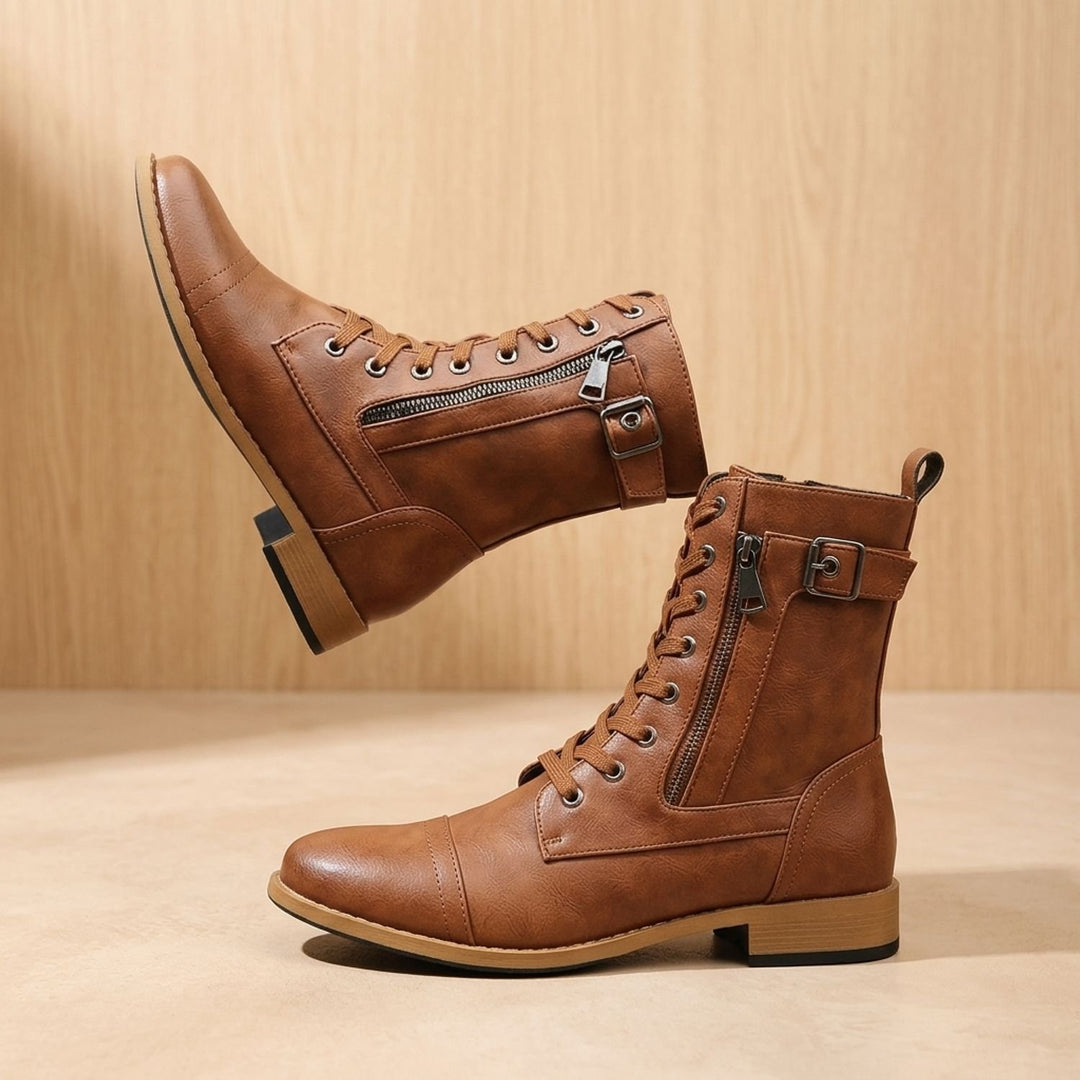Women's Lace-Up Combat Boots Buckle Side-Zip Round-Toe, Brown
