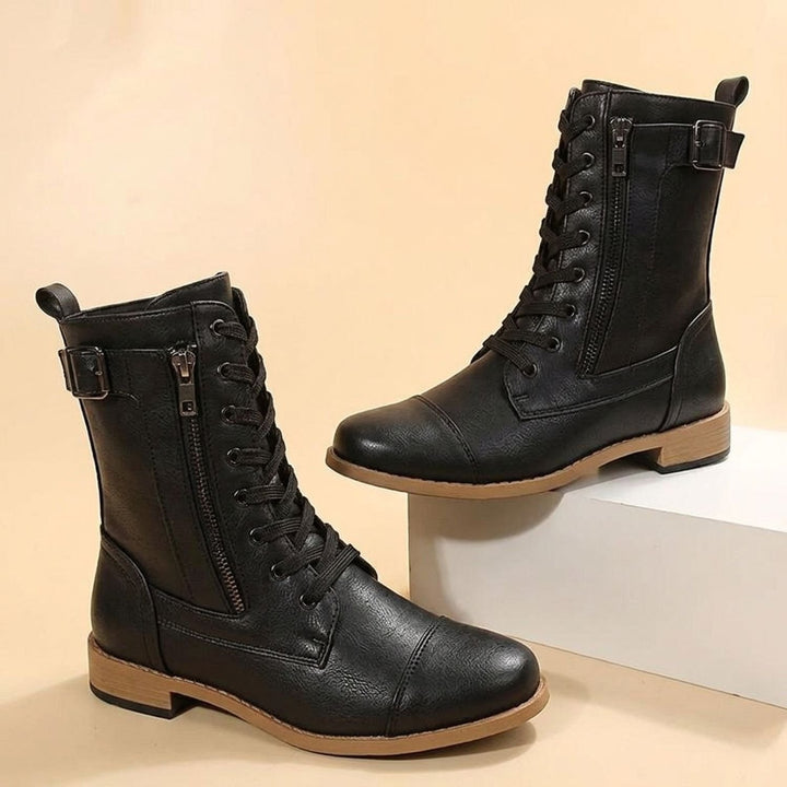 Women's Lace-Up Combat Boots Buckle Side-Zip Round-Toe, Brown - Brown