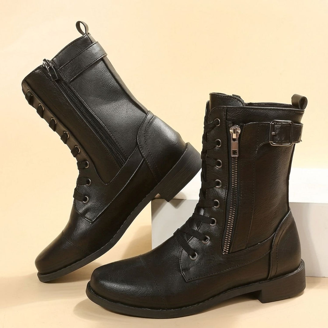 Women's Lace-Up Combat Boots Buckle Side-Zip Round-Toe, Brown - Black