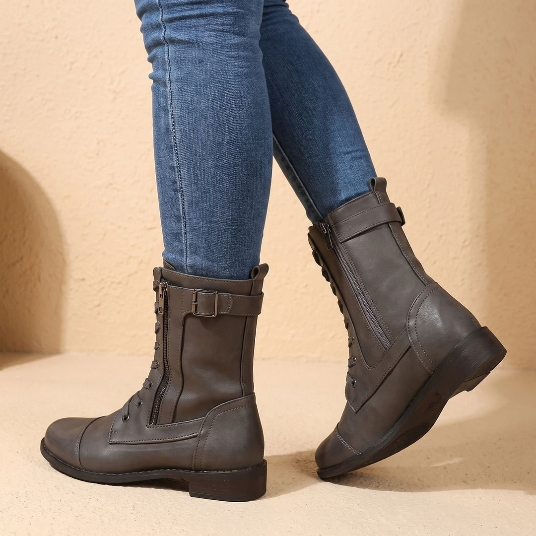 Women's Lace-Up Combat Boots Buckle Side-Zip Round-Toe, Brown - Gray