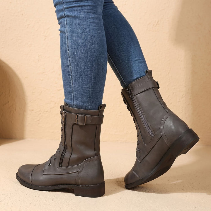 Women's Lace-Up Combat Boots Buckle Side-Zip Round-Toe, Brown - Gray