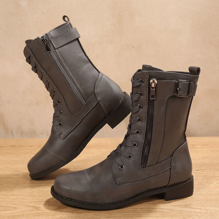 Women's Lace-Up Combat Boots Buckle Side-Zip Round-Toe, Brown