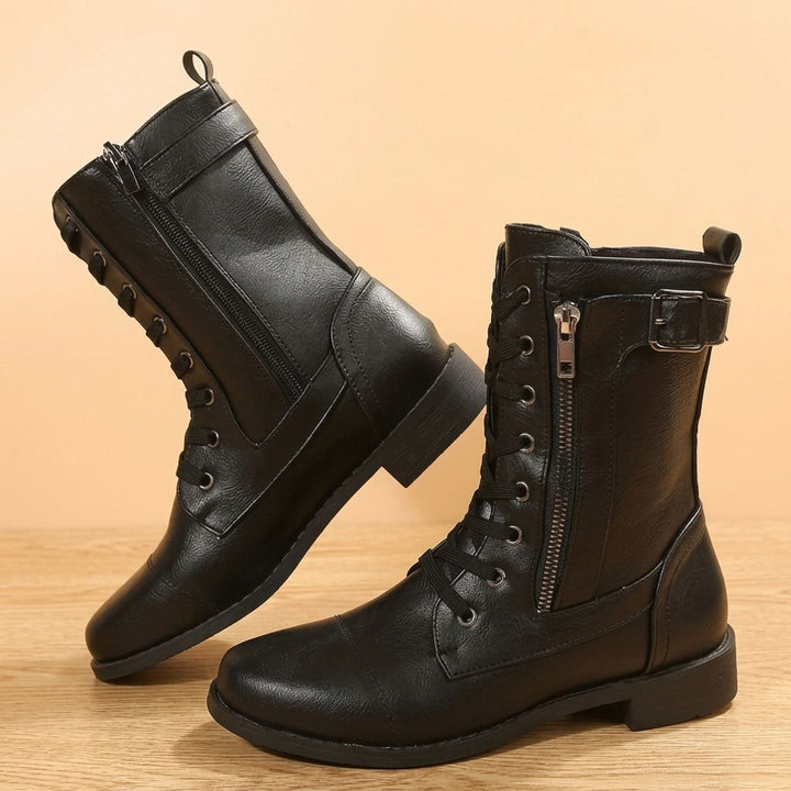 Women's Lace-Up Combat Boots Buckle Side-Zip Round-Toe, Brown