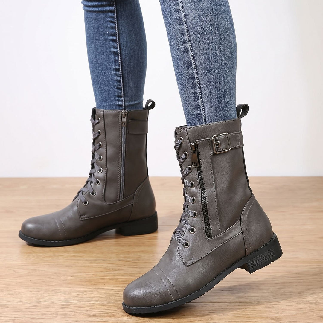 Women's Lace-Up Combat Boots Buckle Side-Zip Round-Toe, Brown