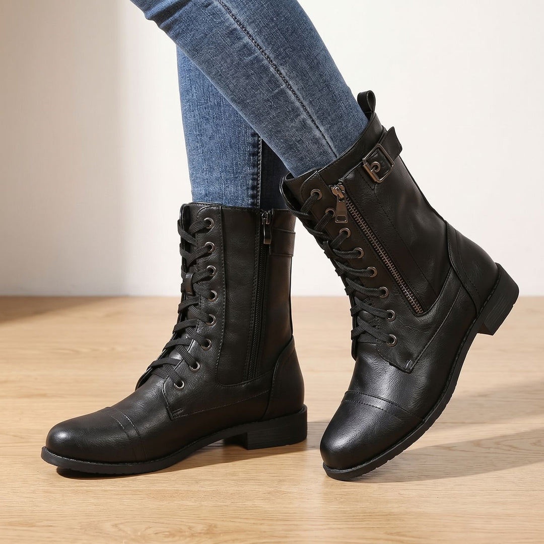 Women's Lace-Up Combat Boots Buckle Side-Zip Round-Toe, Brown