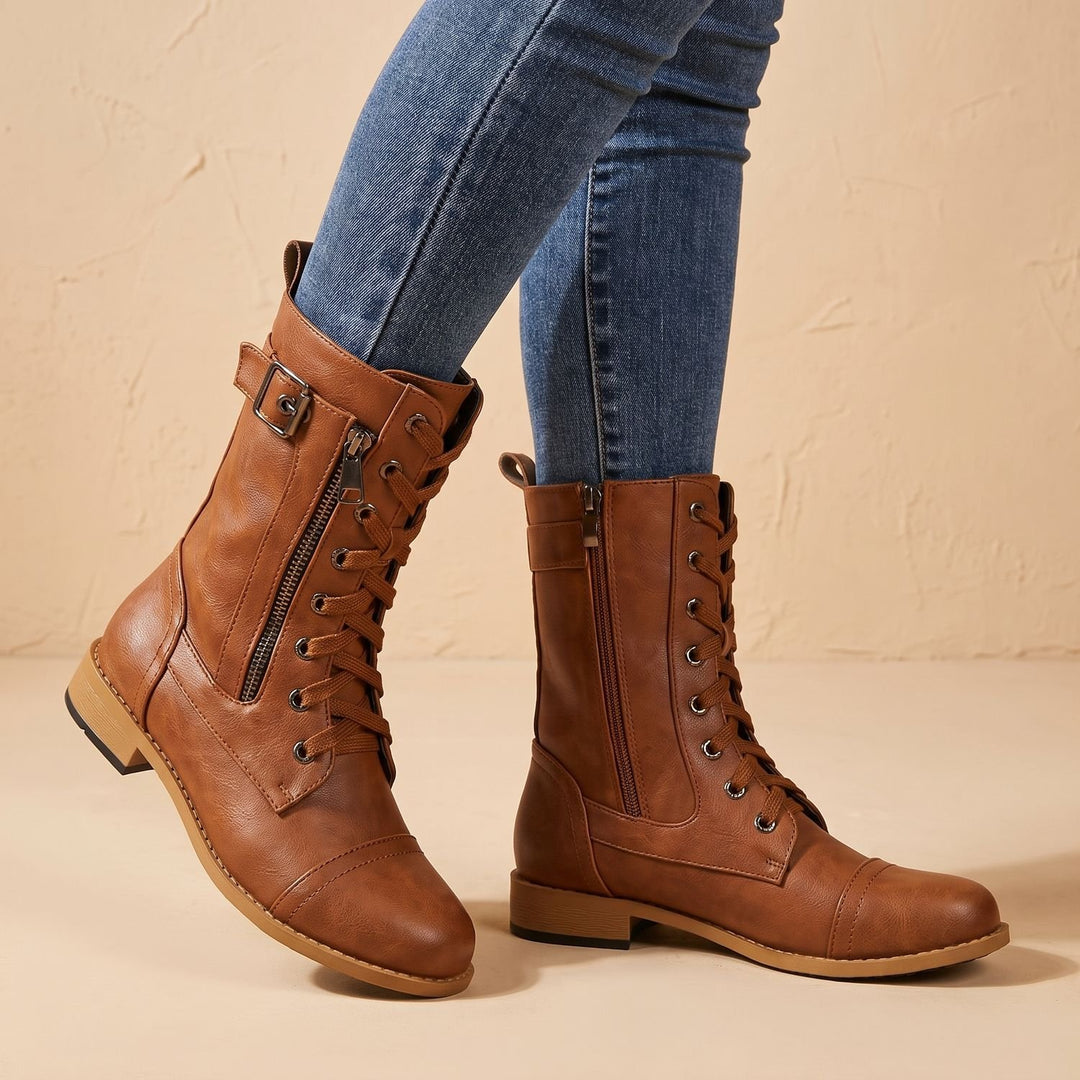 Women's Lace-Up Combat Boots Buckle Side-Zip Round-Toe, Brown