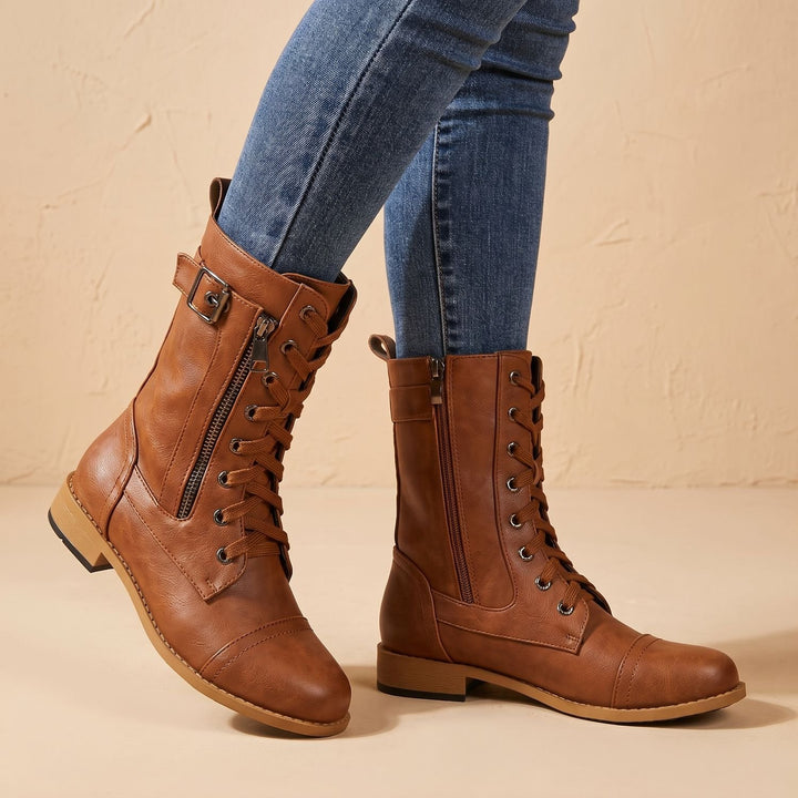Women's Lace-Up Combat Boots Buckle Side-Zip Round-Toe, Brown