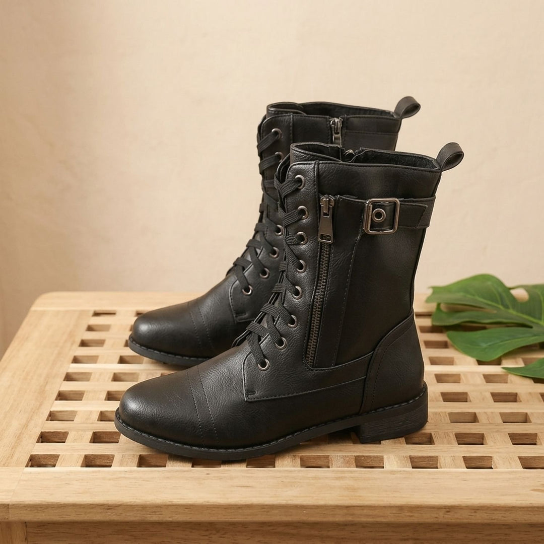 Women's Lace-Up Combat Boots Buckle Side-Zip Round-Toe, Brown