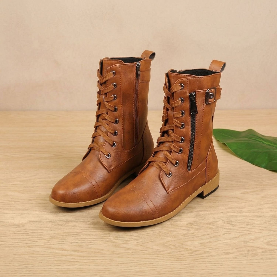 Women's Lace-Up Combat Boots Buckle Side-Zip Round-Toe, Brown