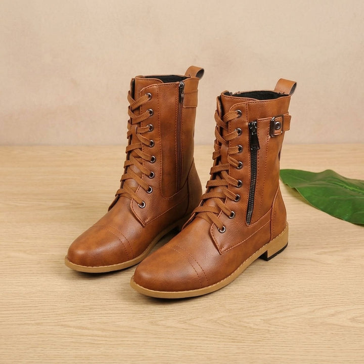 Women's Lace-Up Combat Boots Buckle Side-Zip Round-Toe, Brown