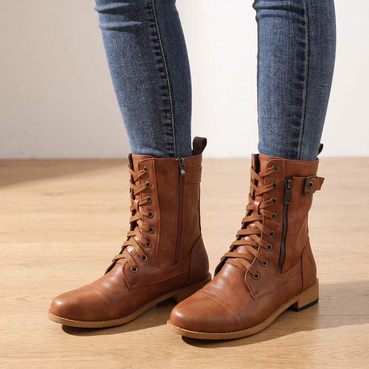 Women's Lace-Up Combat Boots Buckle Side-Zip Round-Toe, Brown