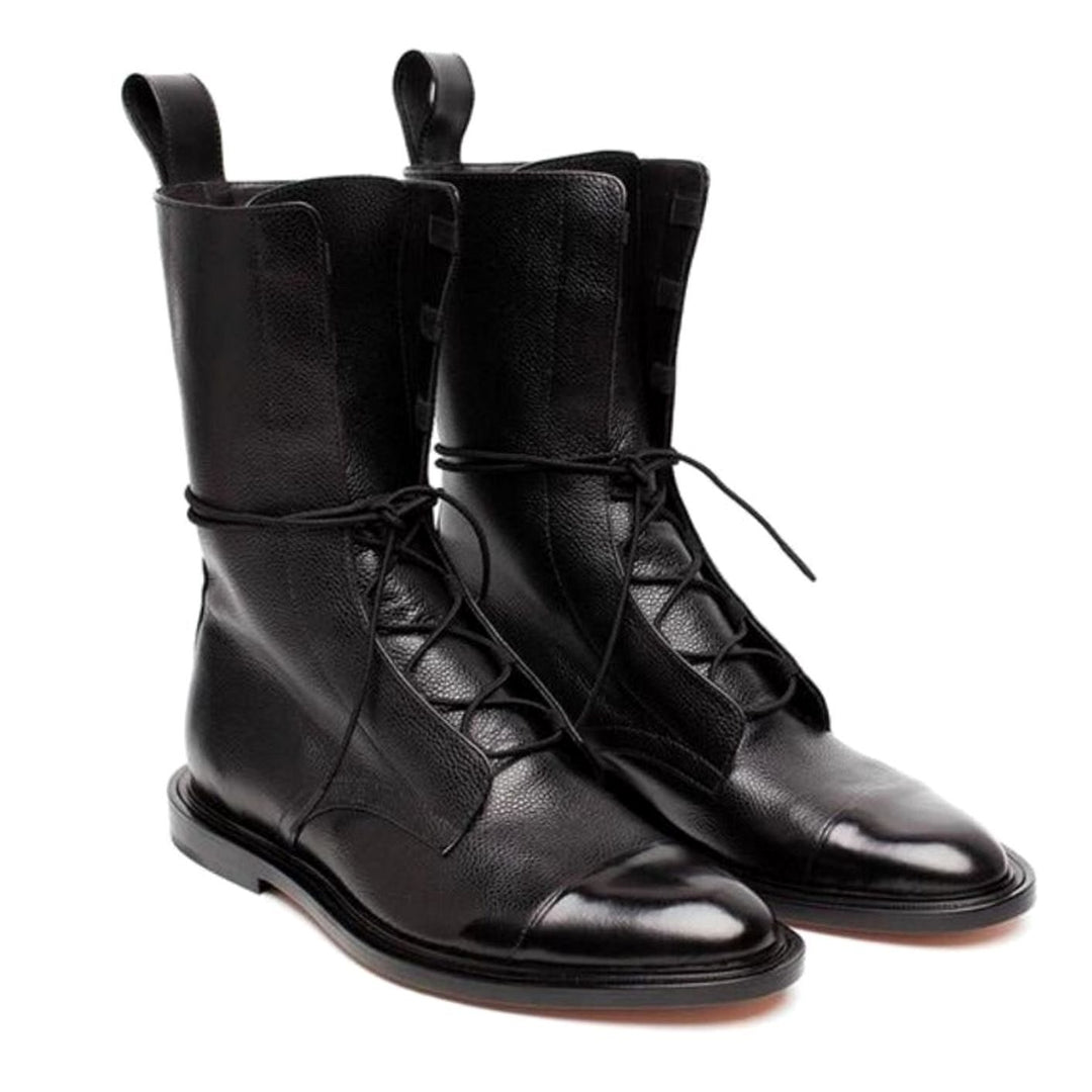 Women's Lace-Up Combat Style Boots Cap-Toe Mid-Calf - Black