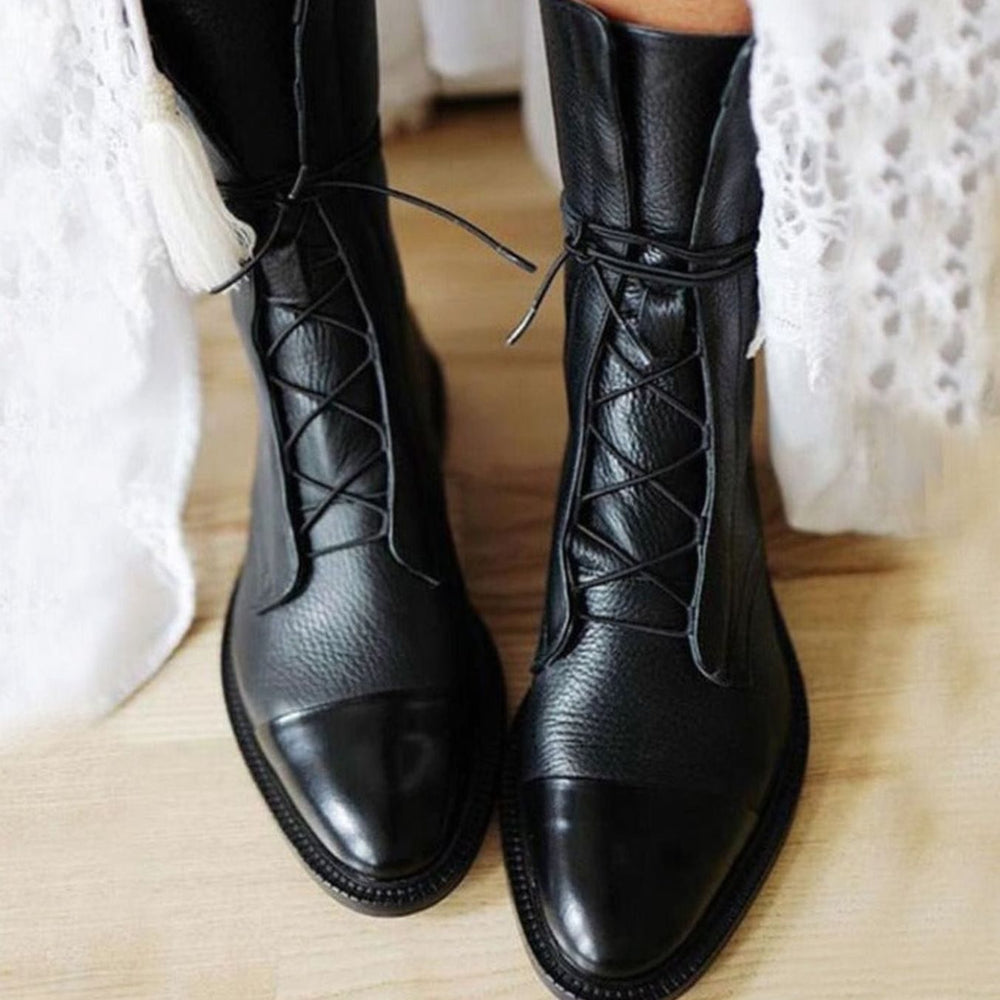 Women's Lace-Up Combat Style Boots Cap-Toe Mid-Calf