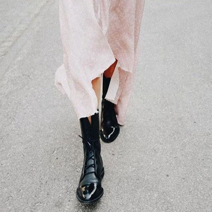 Women's Lace-Up Combat Style Boots Cap-Toe Mid-Calf