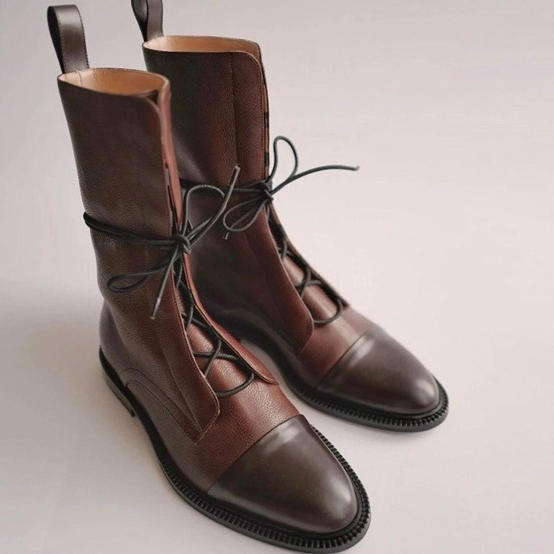 Women's Lace-Up Combat Style Boots Cap-Toe Mid-Calf - Brown