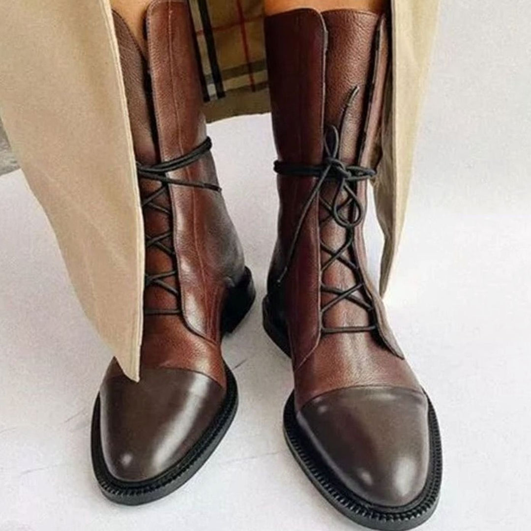 Women's Lace-Up Combat Style Boots Cap-Toe Mid-Calf