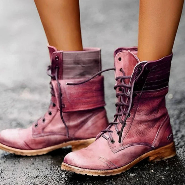 Women's Lace-Up Mid-Calf Combat Boots Distressed Foldover - Carmine Red