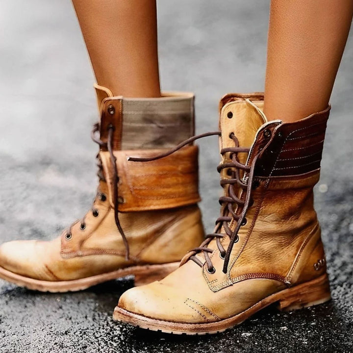 Women's Lace-Up Mid-Calf Combat Boots Distressed Foldover - Khaki