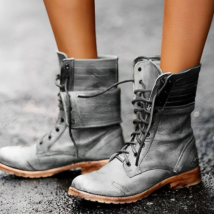 Women's Lace-Up Mid-Calf Combat Boots Distressed Foldover - Gray