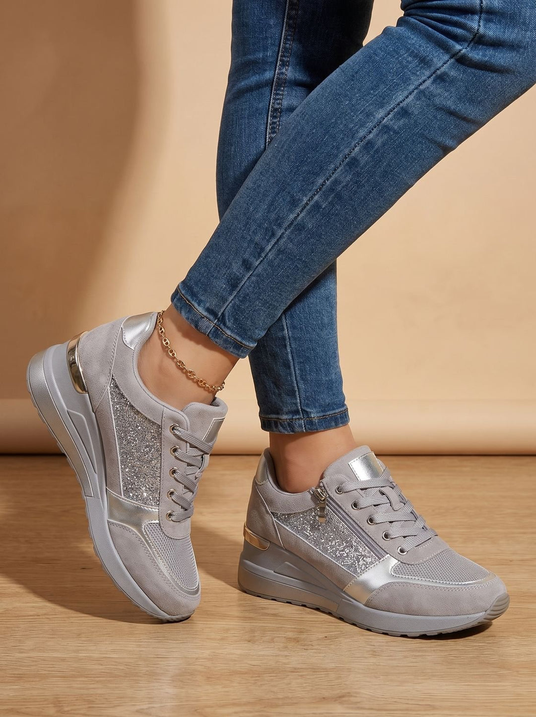 Women's Lace-Up Side-Zip Comfort Platform Sneakers - Gray