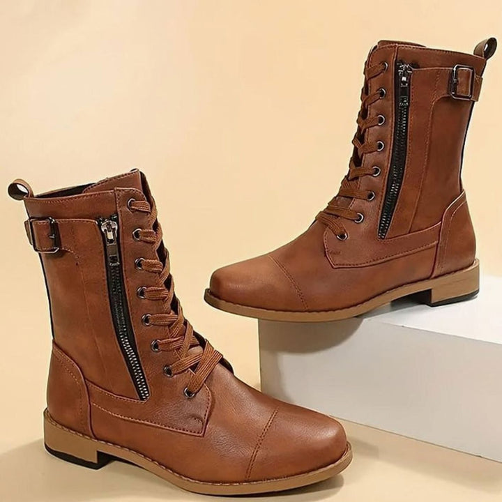 Women's Lace-Up Side-Zip Faux Leather Combat Boots - Brown