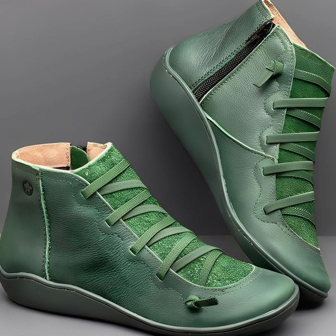 Women's Lace-Up Side-Zip Flat Ankle Boots - Green