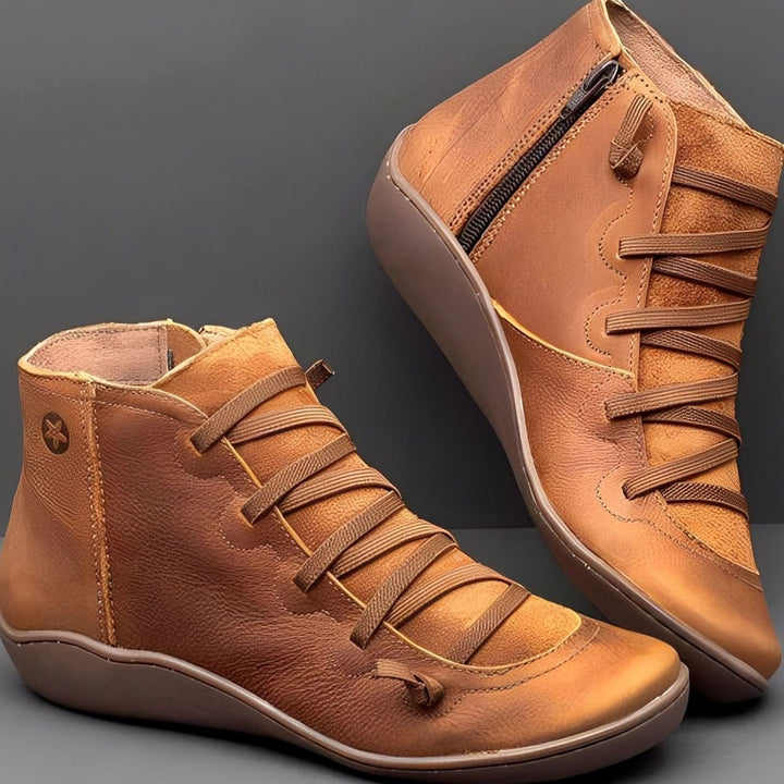 Women's Lace-Up Side-Zip Flat Ankle Boots - Brown