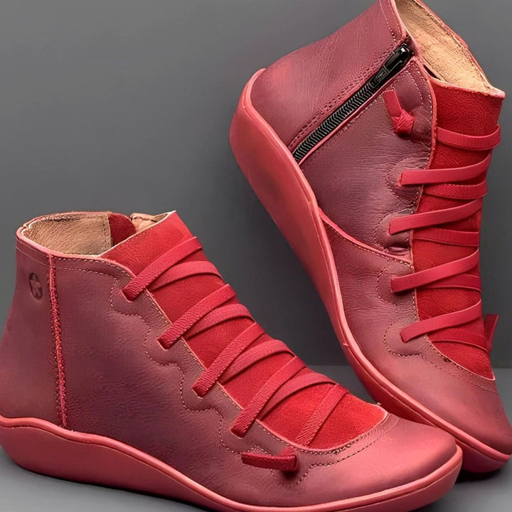 Women's Lace-Up Side-Zip Flat Ankle Boots - Red