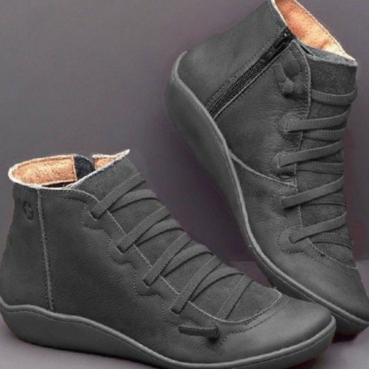 Women's Lace-Up Side-Zip Flat Ankle Boots - Black