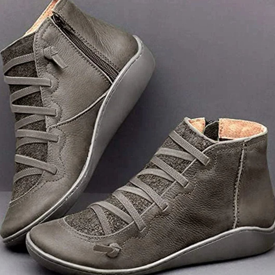 Women's Lace-Up Side-Zip Flat Ankle Boots - Gray