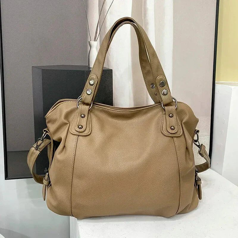 Women's Large Capacity Leather Shoulder Tote Bag Studded - Beige