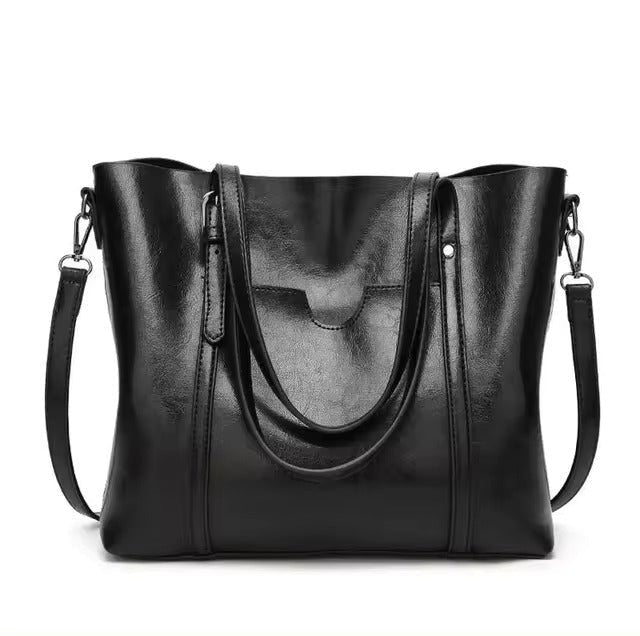 Women's Large Leather-Look Oil-Wax Shoulder Tote Bag - Schwarz