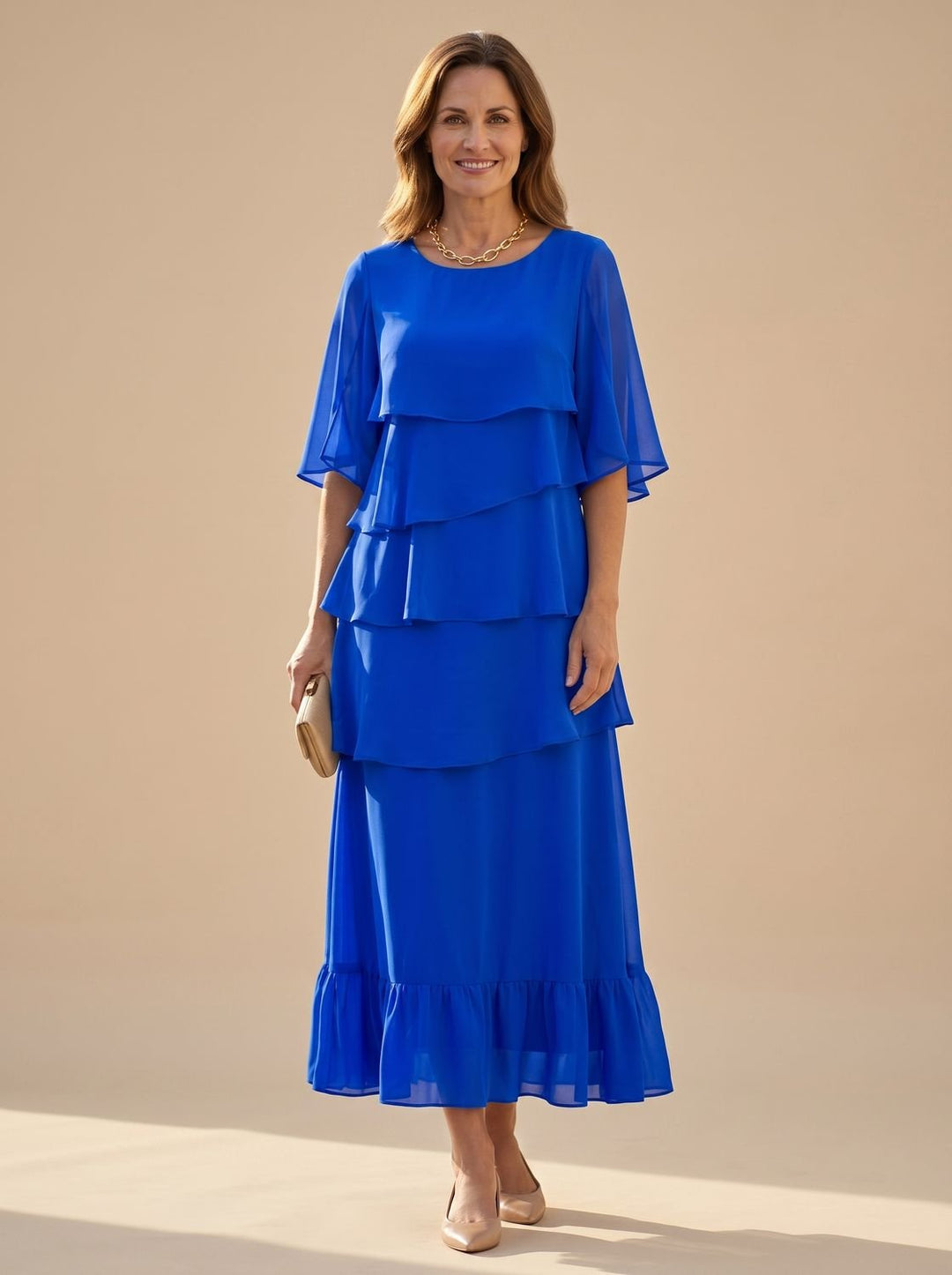 Women's Layered Ruffle Dress Flutter-Sleeve Chiffon Midi