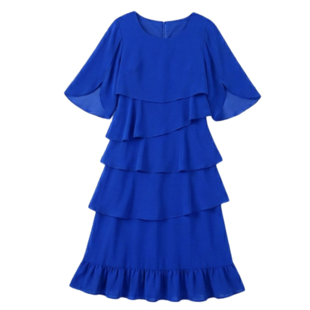 Women's Layered Ruffle Dress Flutter-Sleeve Chiffon Midi - Blue