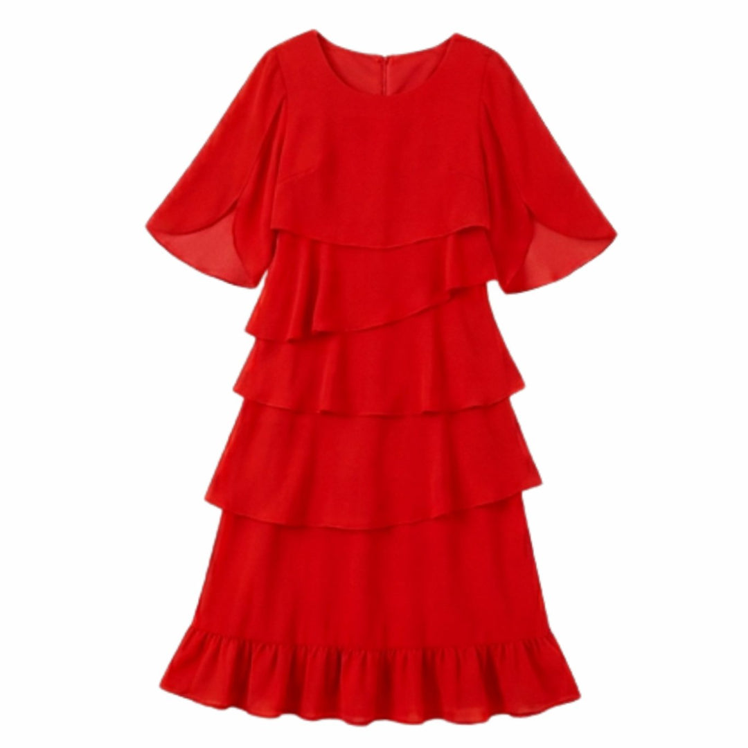 Women's Layered Ruffle Dress Flutter-Sleeve Chiffon Midi - Red