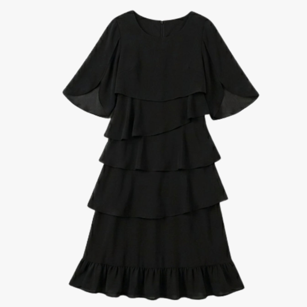 Women's Layered Ruffle Dress Flutter-Sleeve Chiffon Midi - Black
