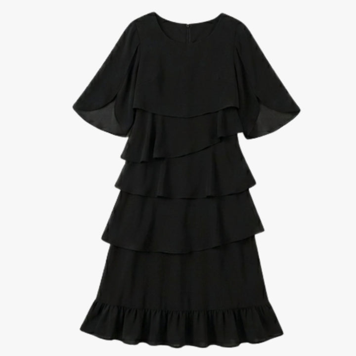 Women's Layered Ruffle Dress Flutter-Sleeve Chiffon Midi - Black