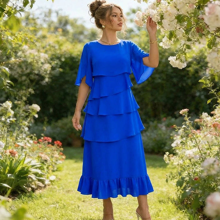 Women's Layered Ruffle Dress Flutter-Sleeve Chiffon Midi