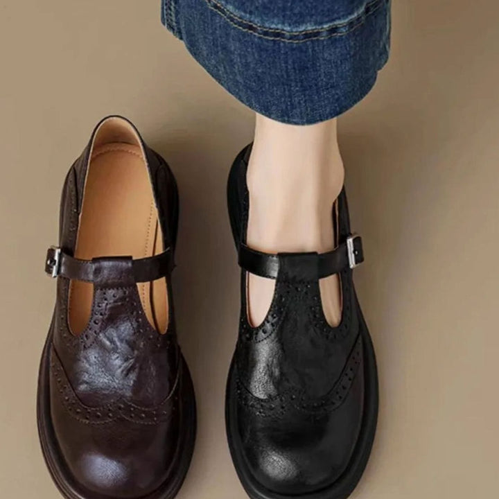 Women's Leather Brogue T-Strap Mary Jane Flat Shoes